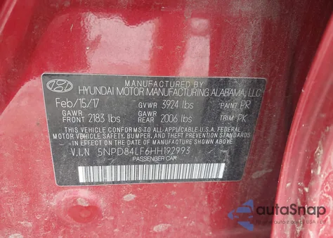 2017 Hyundai Elantra Se z USA, uszkodzony, nr VIN 5NPD84LF6HH192993